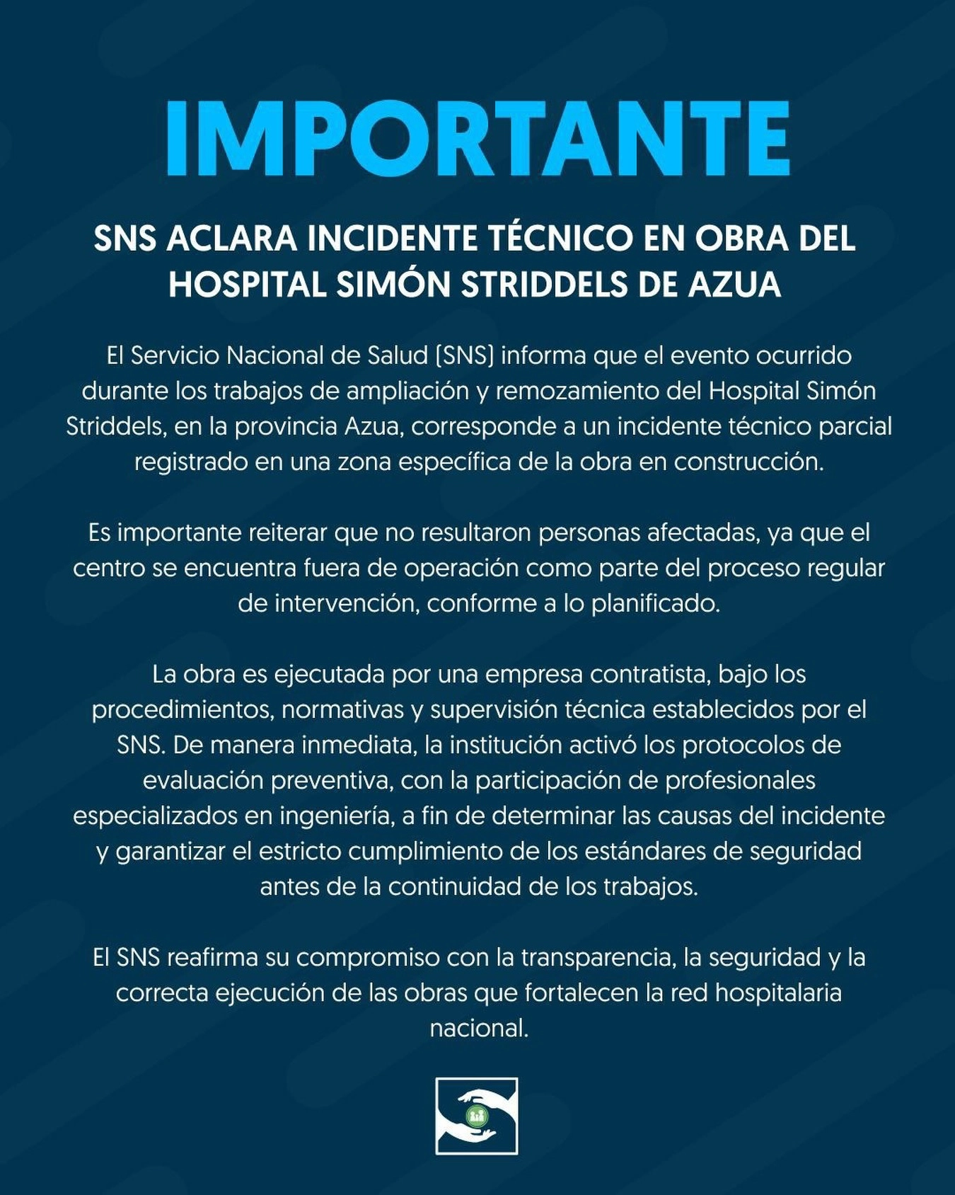 comunicado sns sobre incidente Hospital Pediátrico Simón Striddels